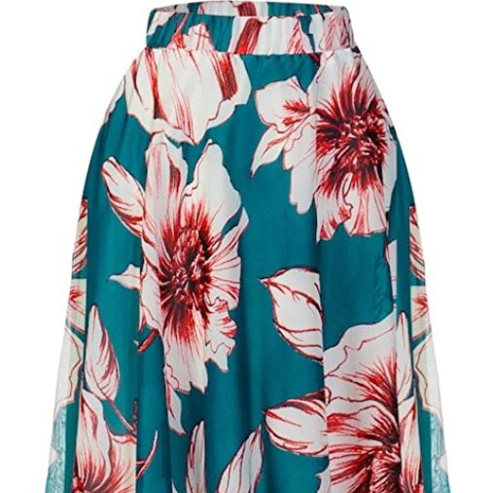 Blossom Floral Chiffon Maxi Skirt Teal Red White Flowers - Large